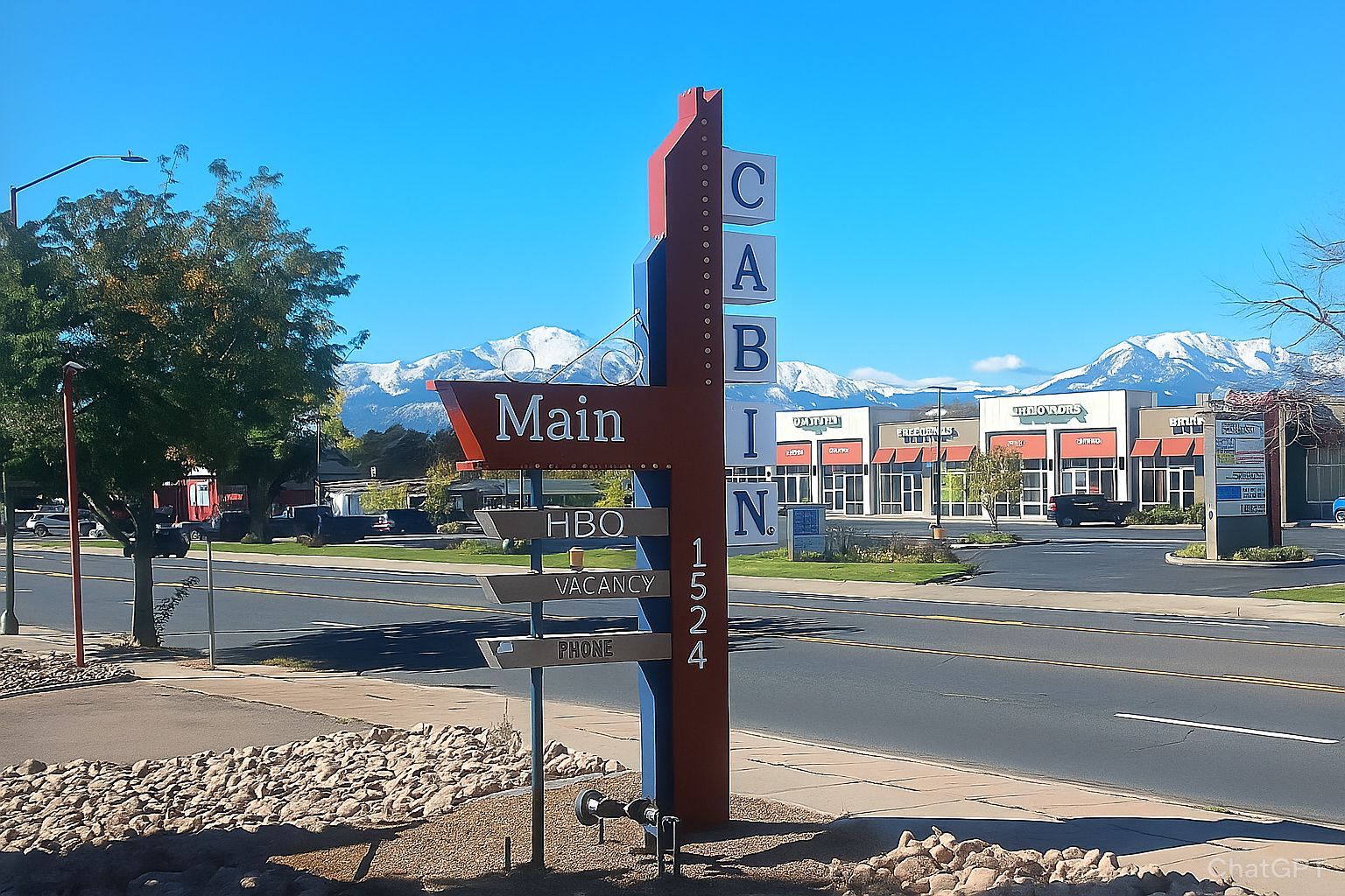 The Longmont Lodge, exterior view. Brown and teal lodge with large windows, trees, and landscaping.