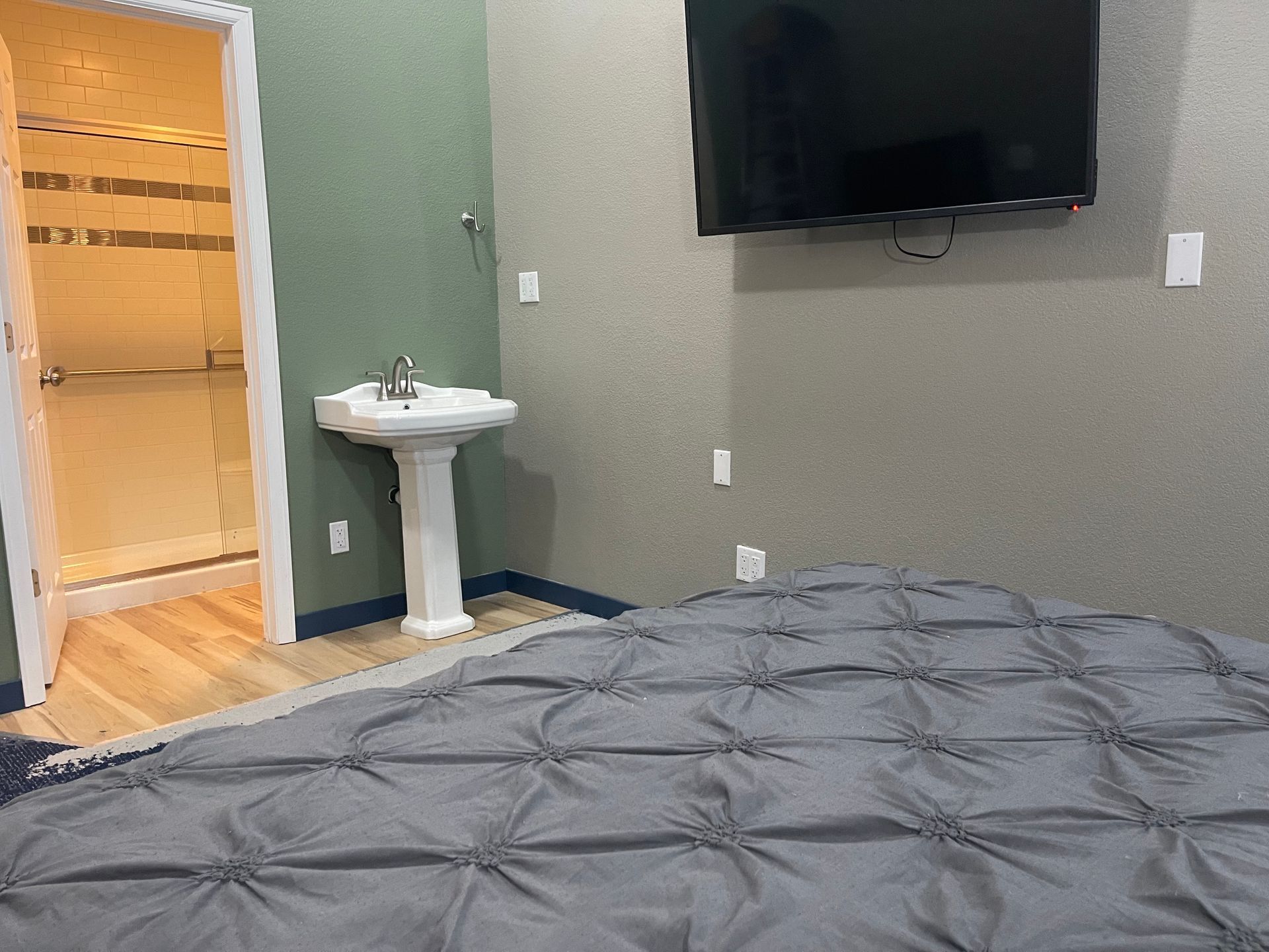 Bedroom with gray bed, sink, TV on wall, and closet doorway. Walls are green and gray.
