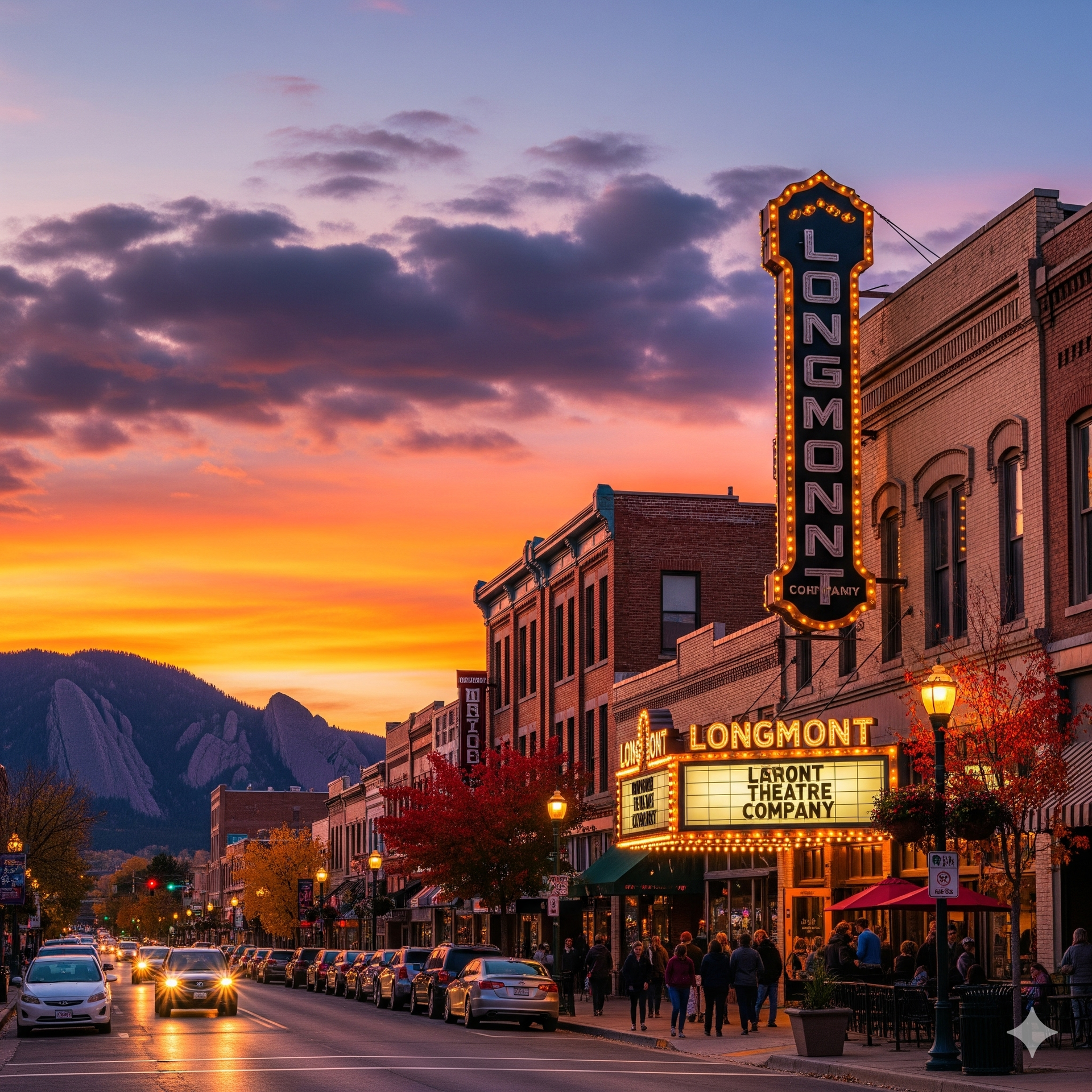 Sunset view of downtown Longmont, Colorado, with the Longmont Theater marquee brightly lit.