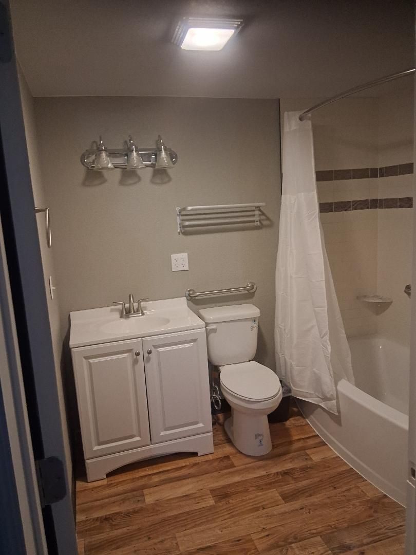 Bathroom with white vanity, toilet, and shower/tub combo. Gray walls, wood-look floor.
