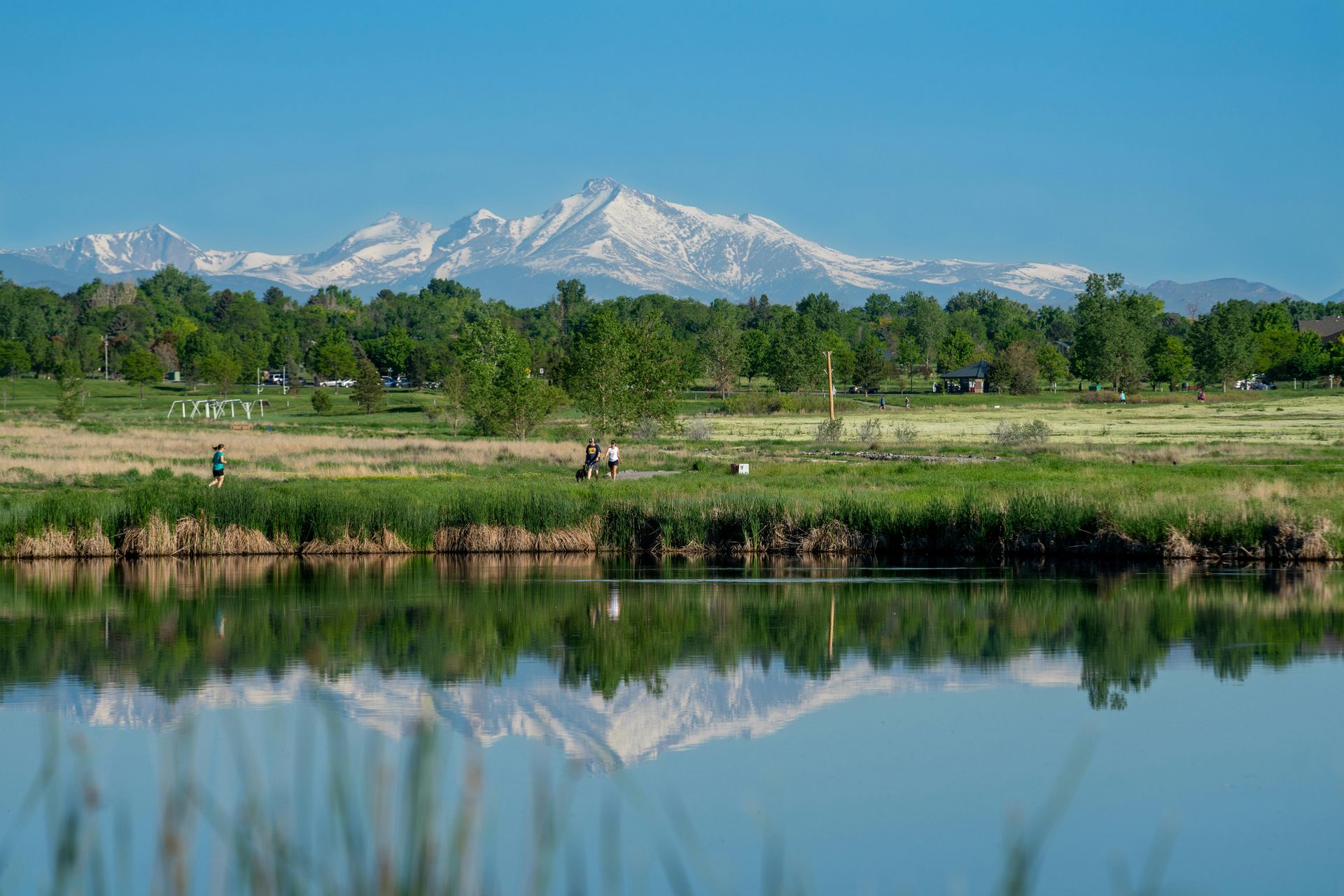 Lakeside view of snow-capped mountains reflected in calm water, with green fields and trees under a blue sky.