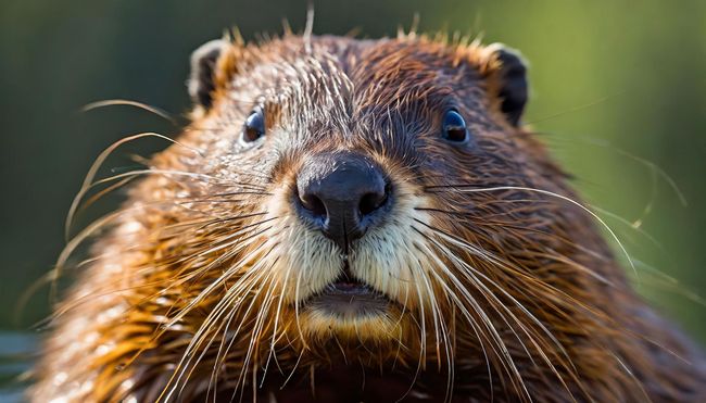 A close up of a beaver 's face looking at the camera.