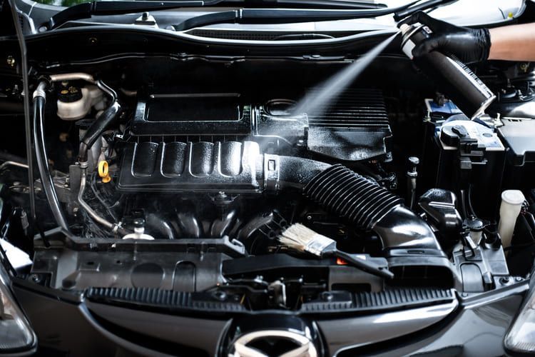 A person is cleaning the engine bay of a car with a spray bottle.