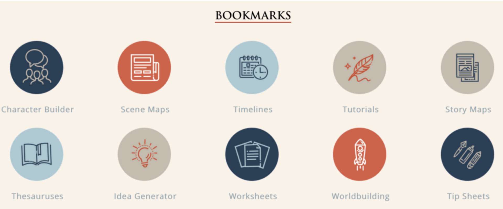 Bookmarks page with ten circular icons and titles.