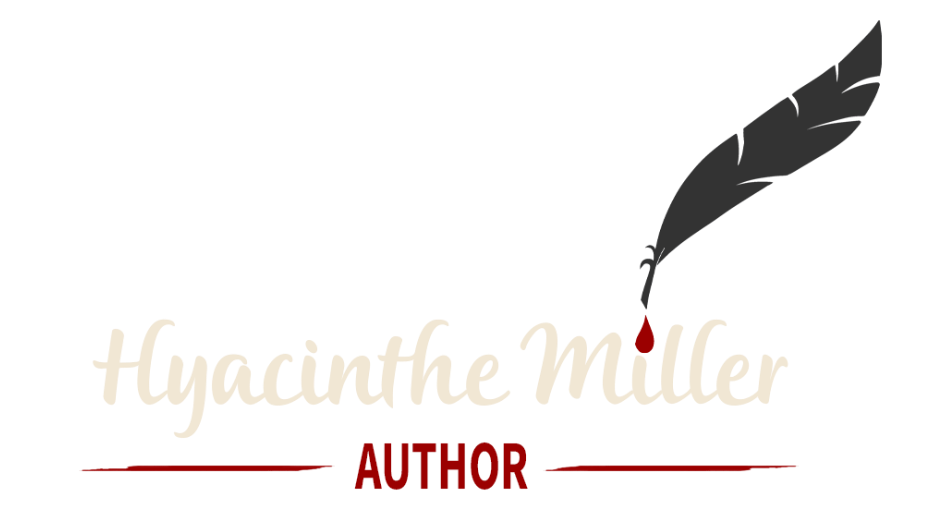 Logo: Author Hyacinthe Miller's name in cursive next to a quill dripping red ink.