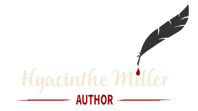Logo: Author Hyacinthe Miller's name in cursive next to a quill dripping red ink.