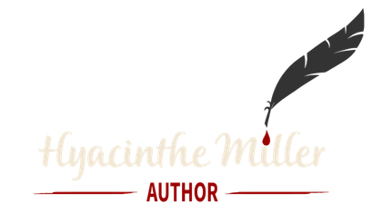 Logo: Author Hyacinthe Miller's name in cursive next to a quill dripping red ink.