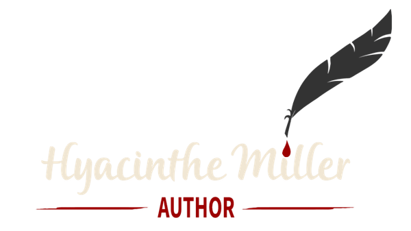 Logo: Author Hyacinthe Miller's name in cursive next to a quill dripping red ink.