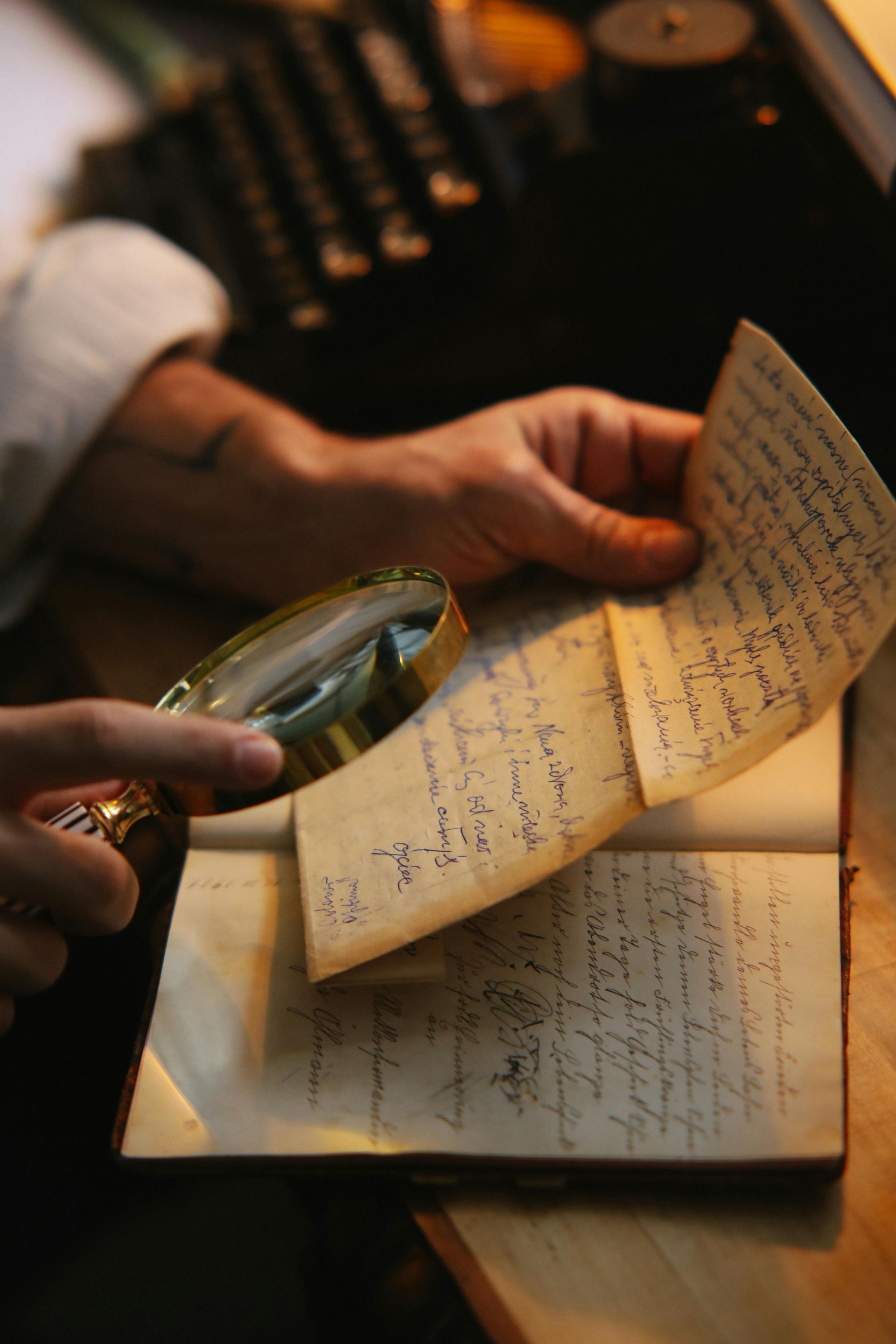Person using a magnifying glass to read a handwritten letter in a vintage notebook; typewriter in background.