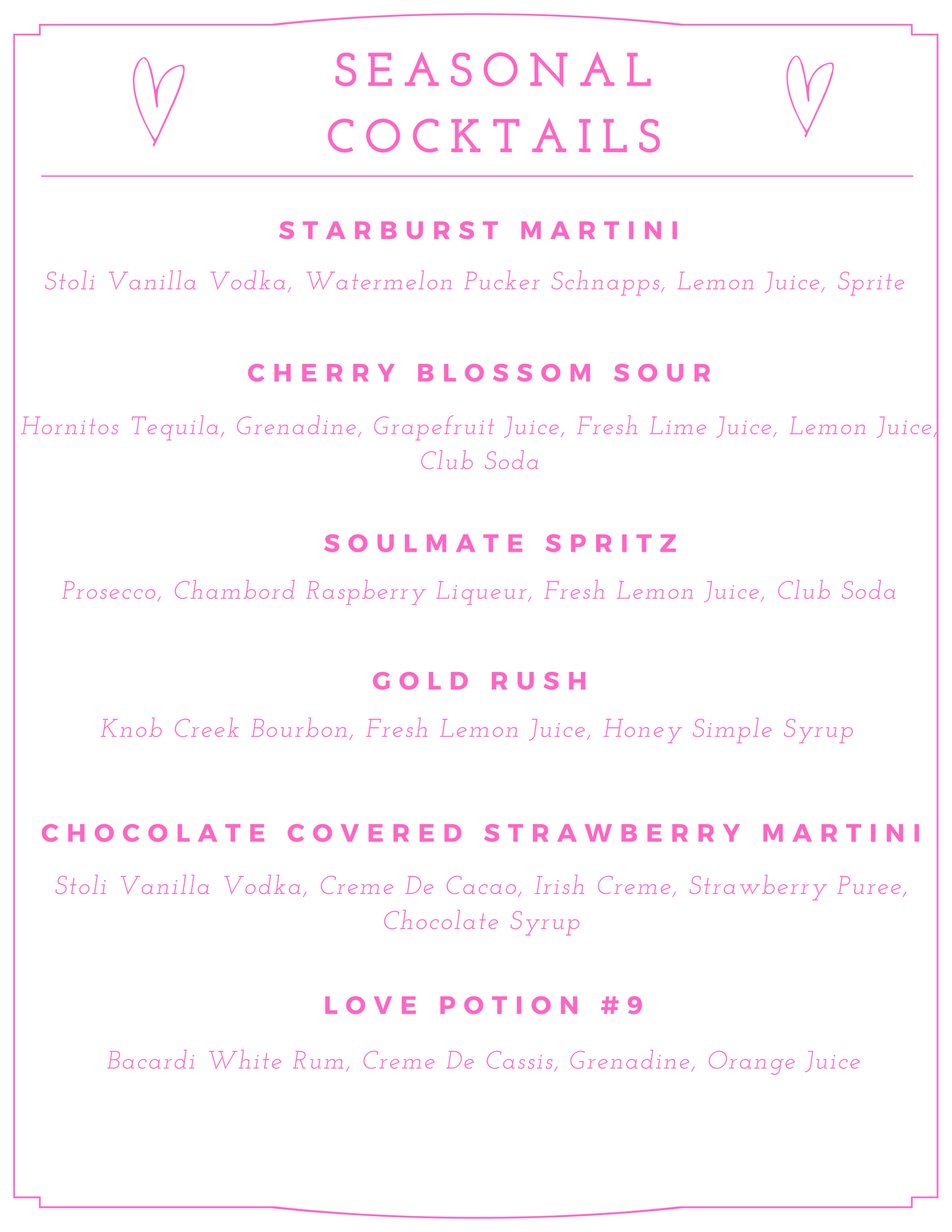 Cocktail menu with names and ingredients: Maple Old Fashioned, Blueberry Lemon Martini, Pineapple Basil Smash, etc.