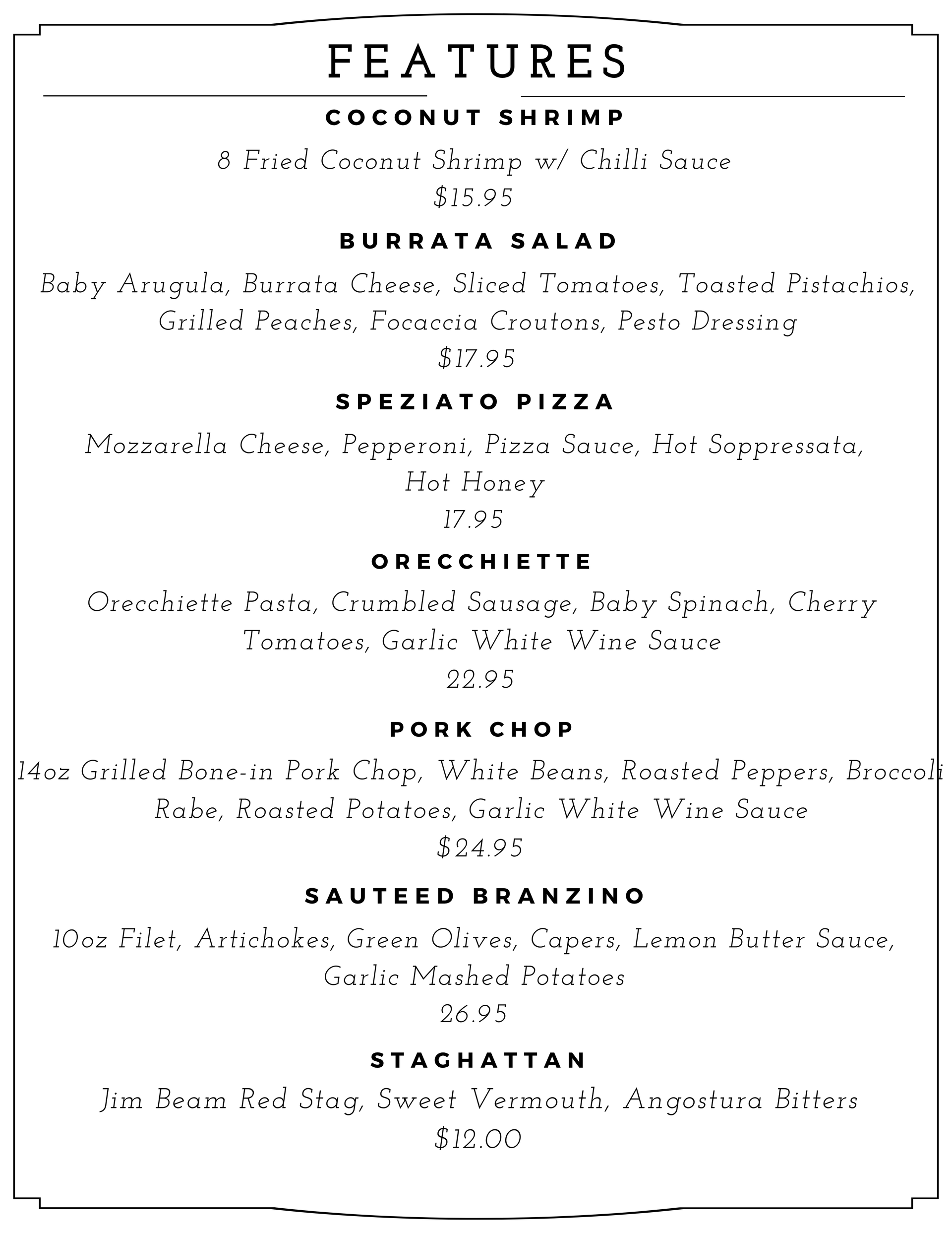 Restaurant menu page listing featured dishes in black text on a white background