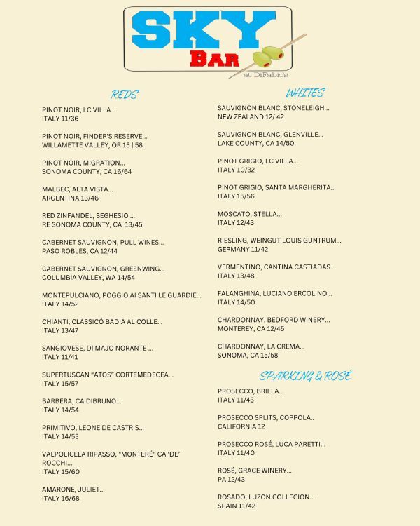 Sky Bar menu, with list of wines, and cocktails.