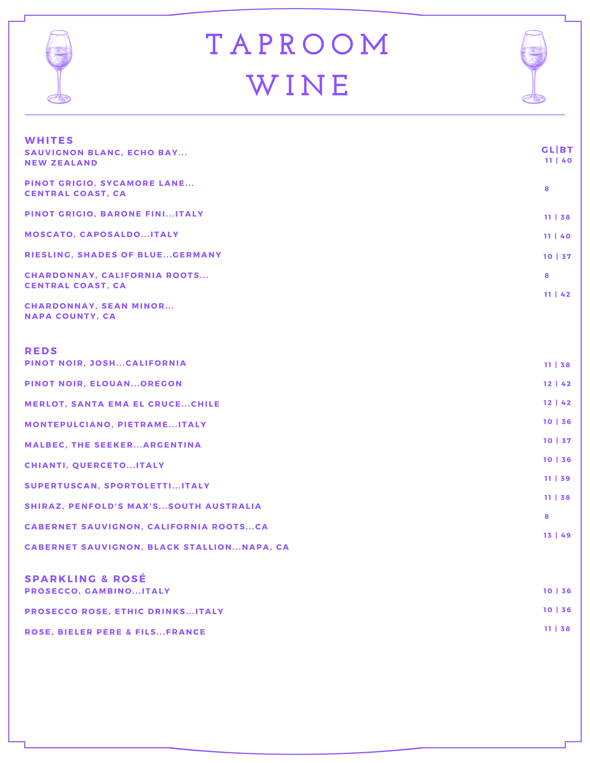 Wine menu with a light yellow background and purple text, listing white, red, and sparkling wines with prices.