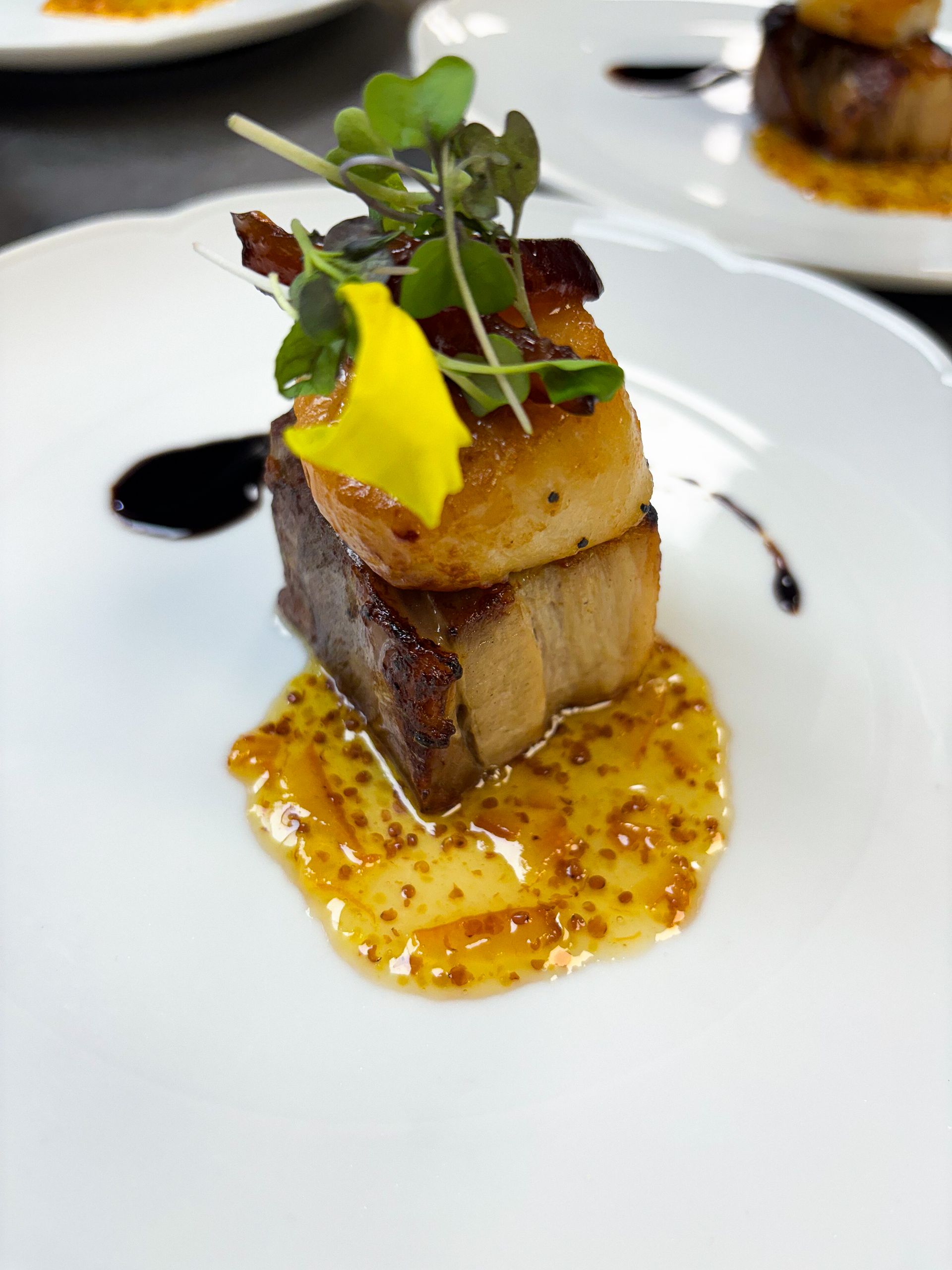 Elegant plated dish: seared scallop atop pork belly with mustard sauce, microgreens, and balsamic glaze on white plate.