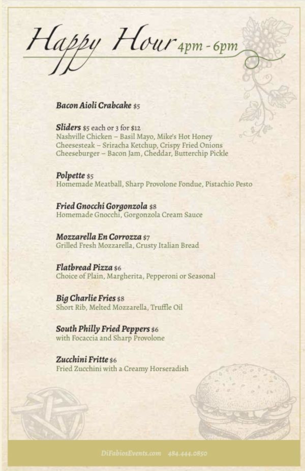 Happy Hour menu featuring food and drink specials.
