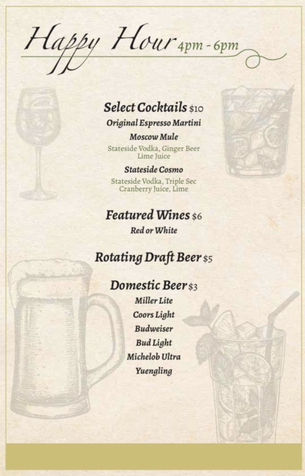 Happy Hour menu with cocktails, wines, and beers.