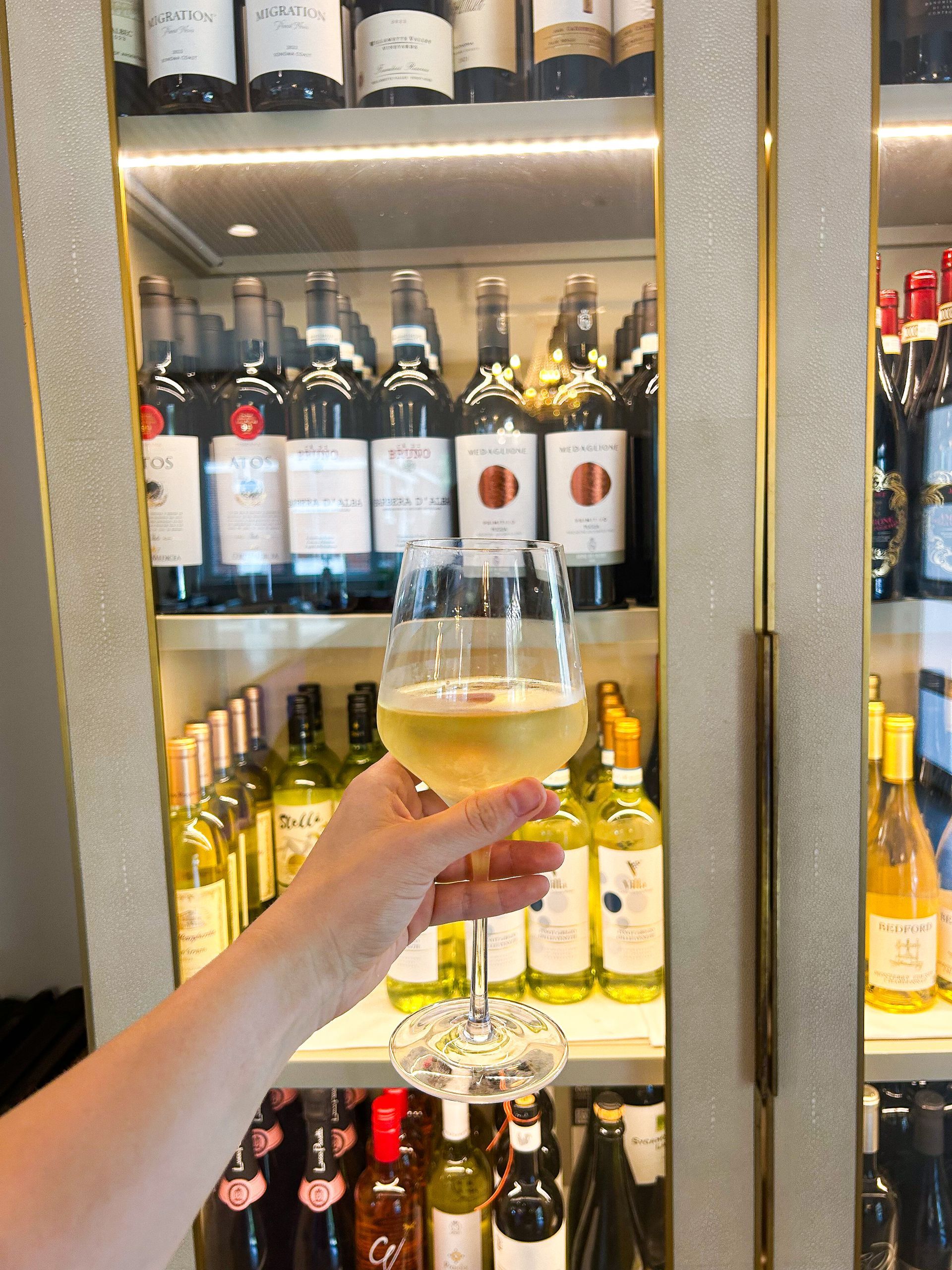 Hand holding a glass of white wine in front of a wine cabinet filled with bottles.