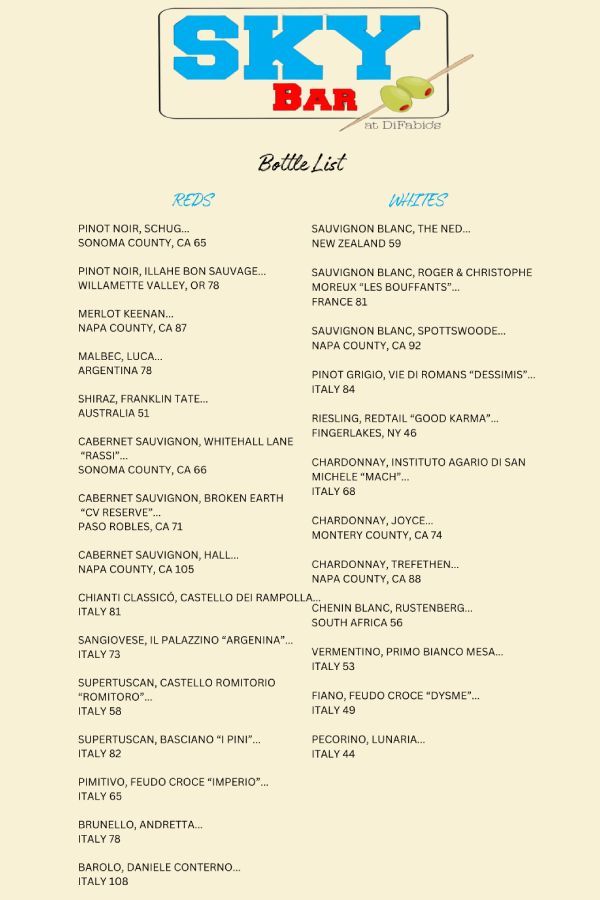 Menu for Sky Bar, listing wines by type, with a logo in blue and red at the top.