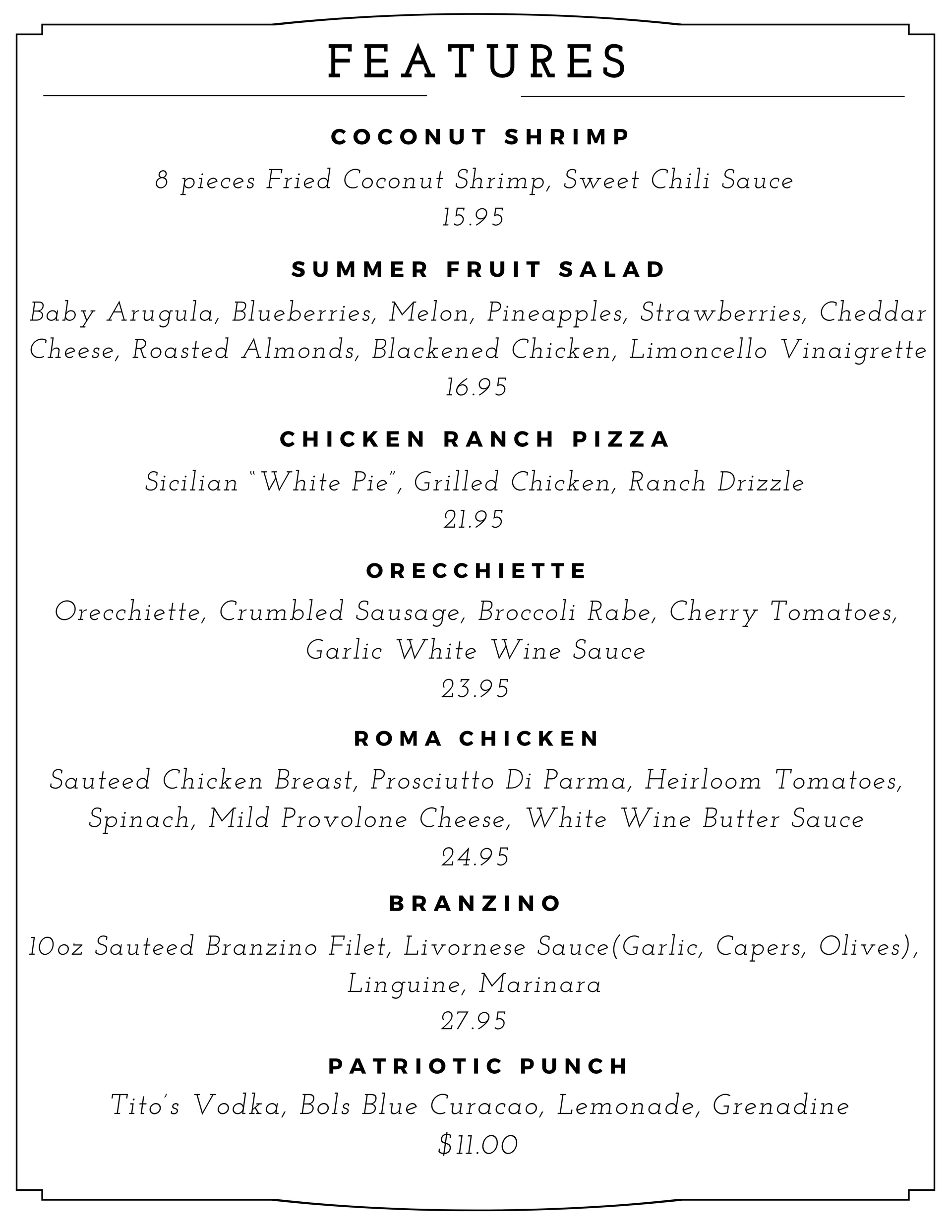 Restaurant menu page listing featured dishes in black text on a white background