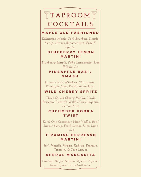 Cocktail menu with names and ingredients: Maple Old Fashioned, Blueberry Lemon Martini, Pineapple Basil Smash, etc.