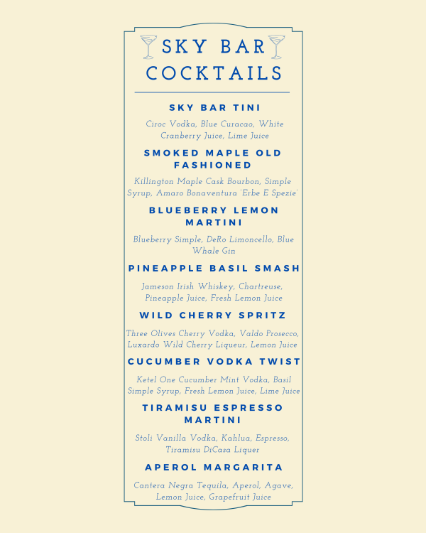 Cocktail menu from Sky Bar with drink names and ingredients, on a cream background.