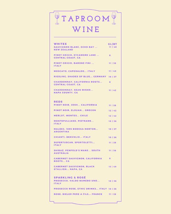 Wine menu with a light yellow background and purple text, listing white, red, and sparkling wines with prices.
