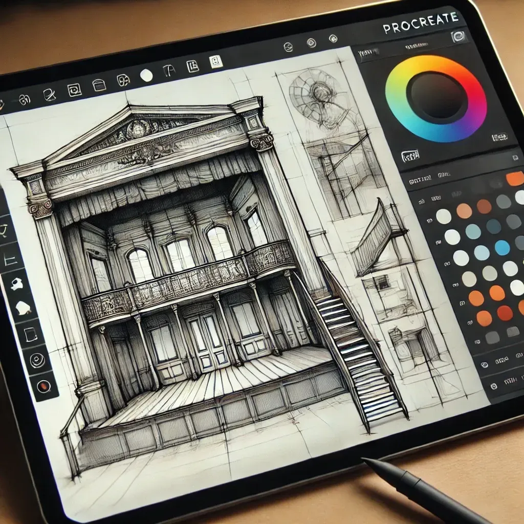 A tablet with a drawing of a building on it