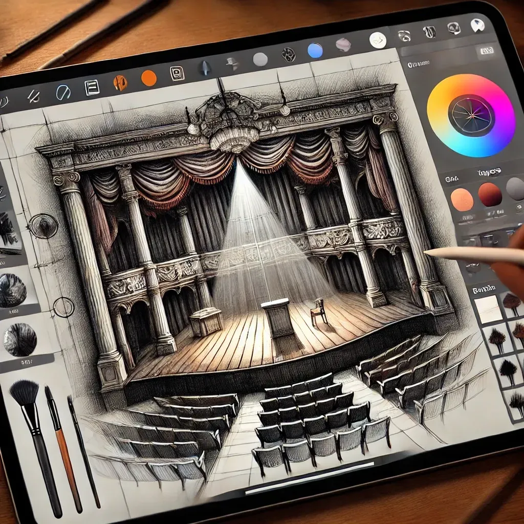 A person is drawing a stage on a tablet with a pen.