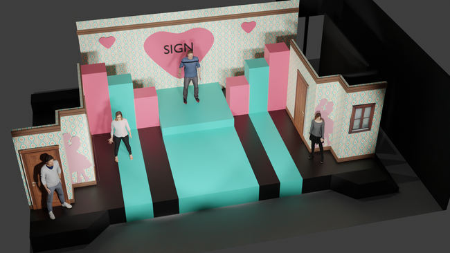 A 3d model of a room with a sign on the wall