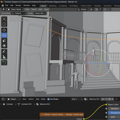 A 3d model of a building with stairs and columns