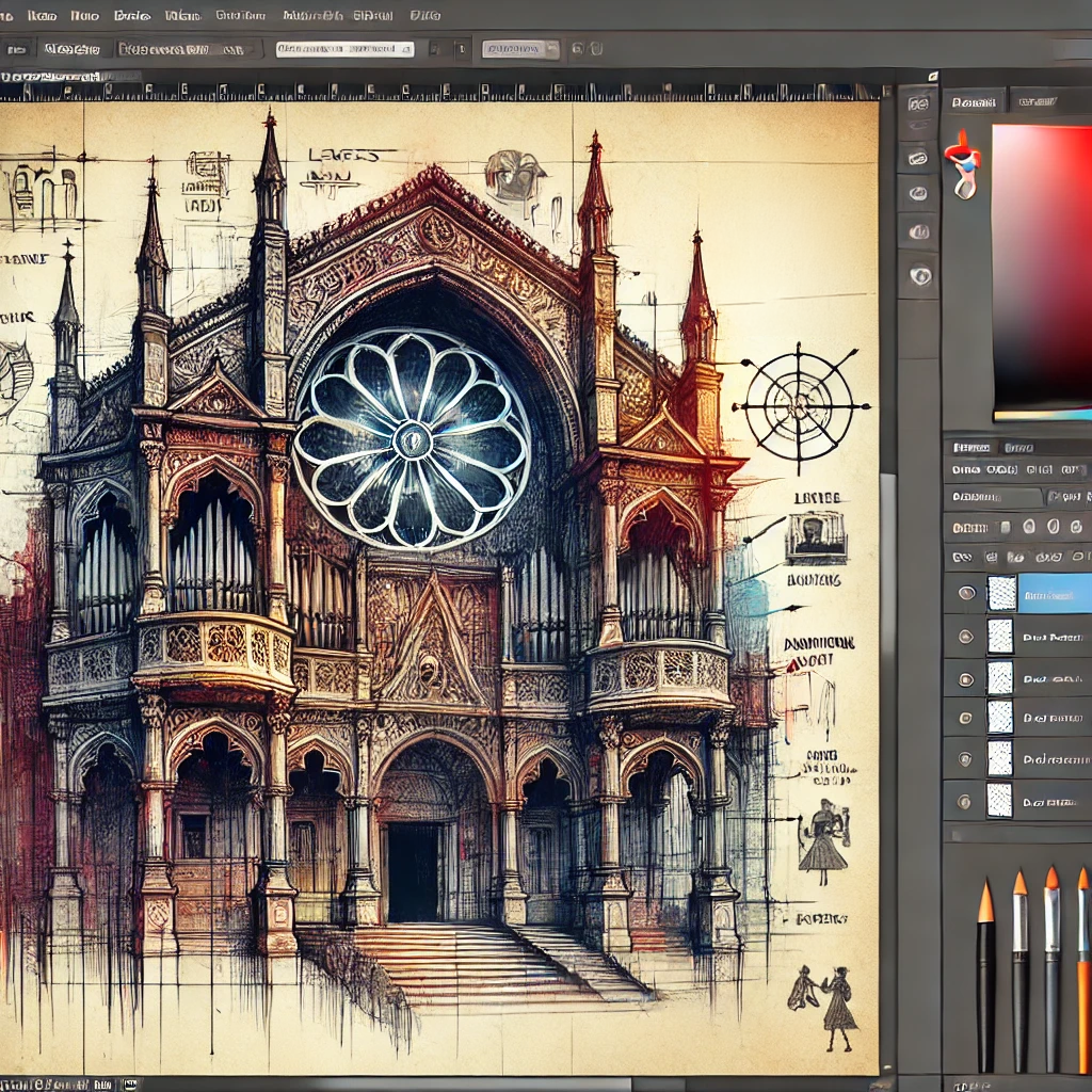 A computer screen shows a drawing of a cathedral