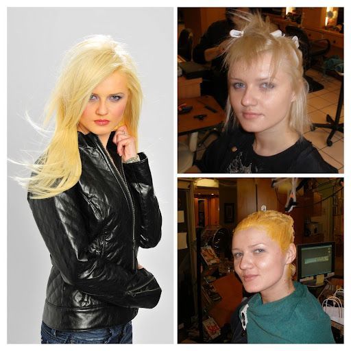 A collage of three pictures of a woman with blonde hair