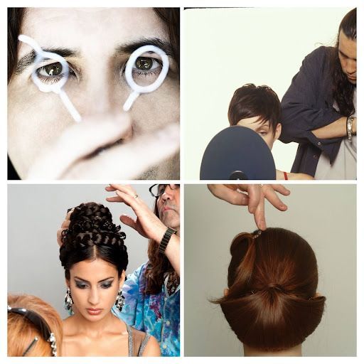 A collage of four pictures shows a woman getting her hair done.