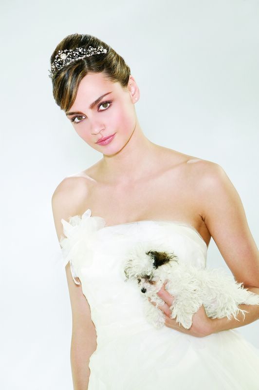 A woman in a wedding dress is holding a small white dog.