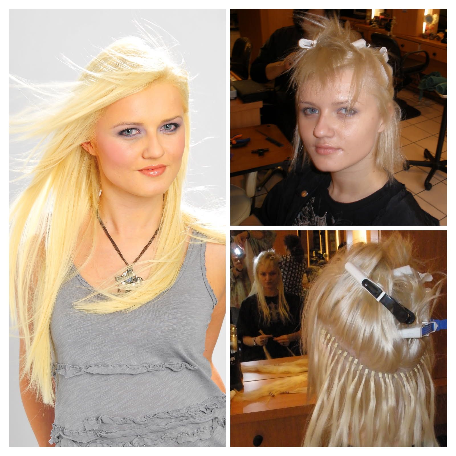 A collage of three pictures of a woman with blonde hair