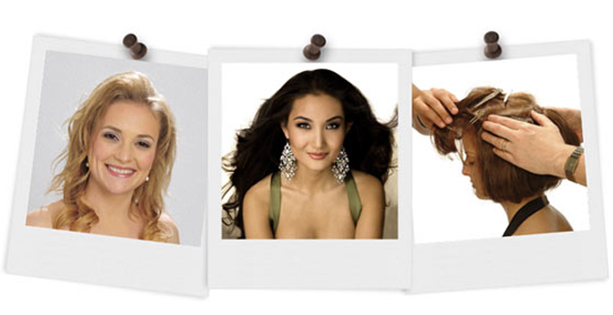 Three pictures of a woman with different hairstyles are pinned to a wall.