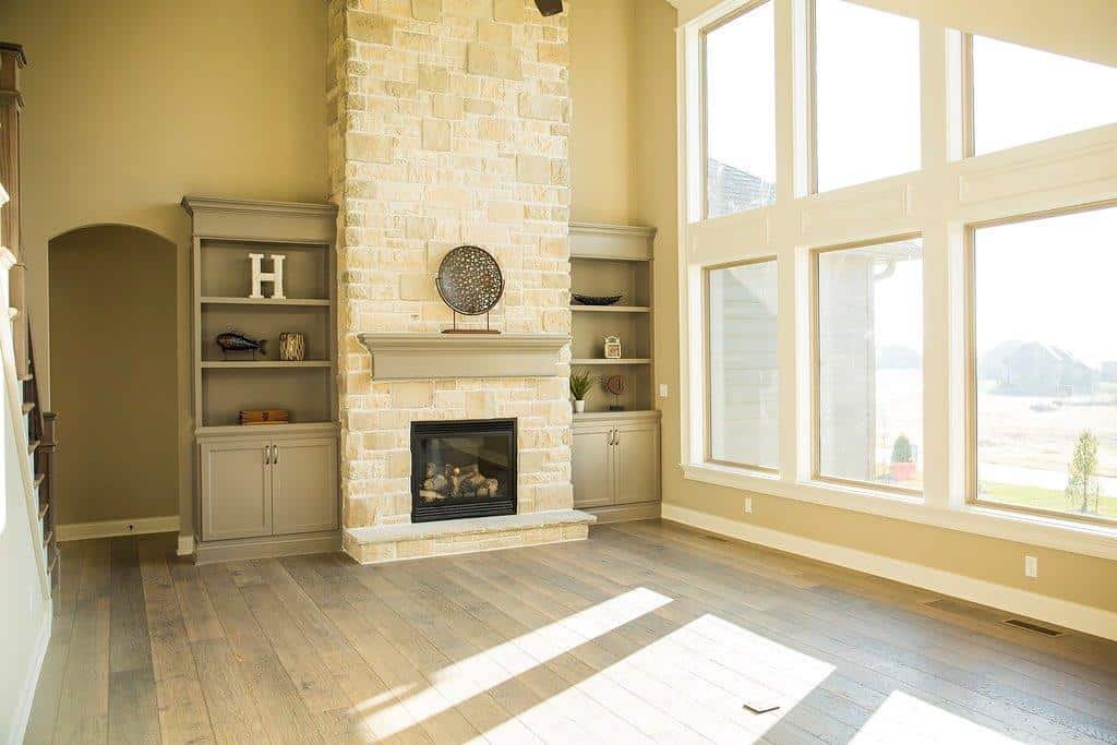White Stone Fireplace by Hansman Custom Homes in Mid-Missouri