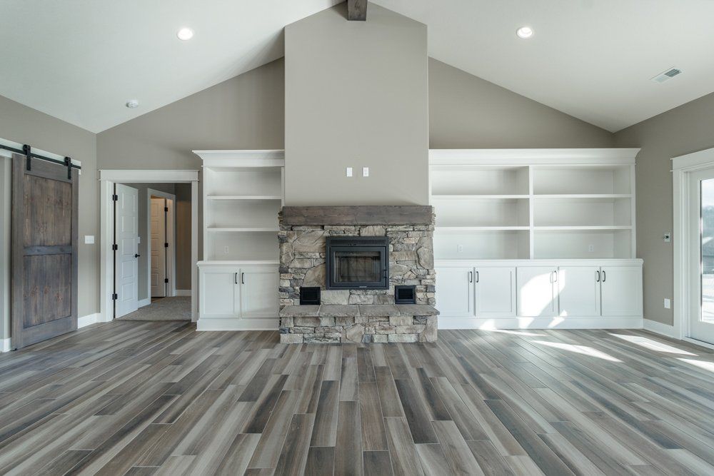 Open View of Fireplace & Shelves by Hansman Custom Homes in Mid-Missouri