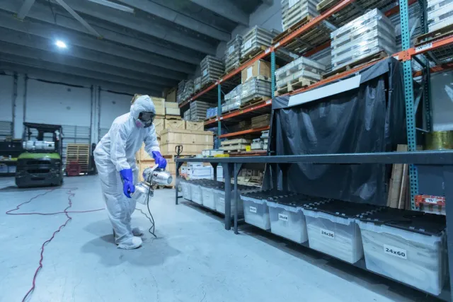 A man in a protective suit is disinfecting a warehouse with a sprayer.