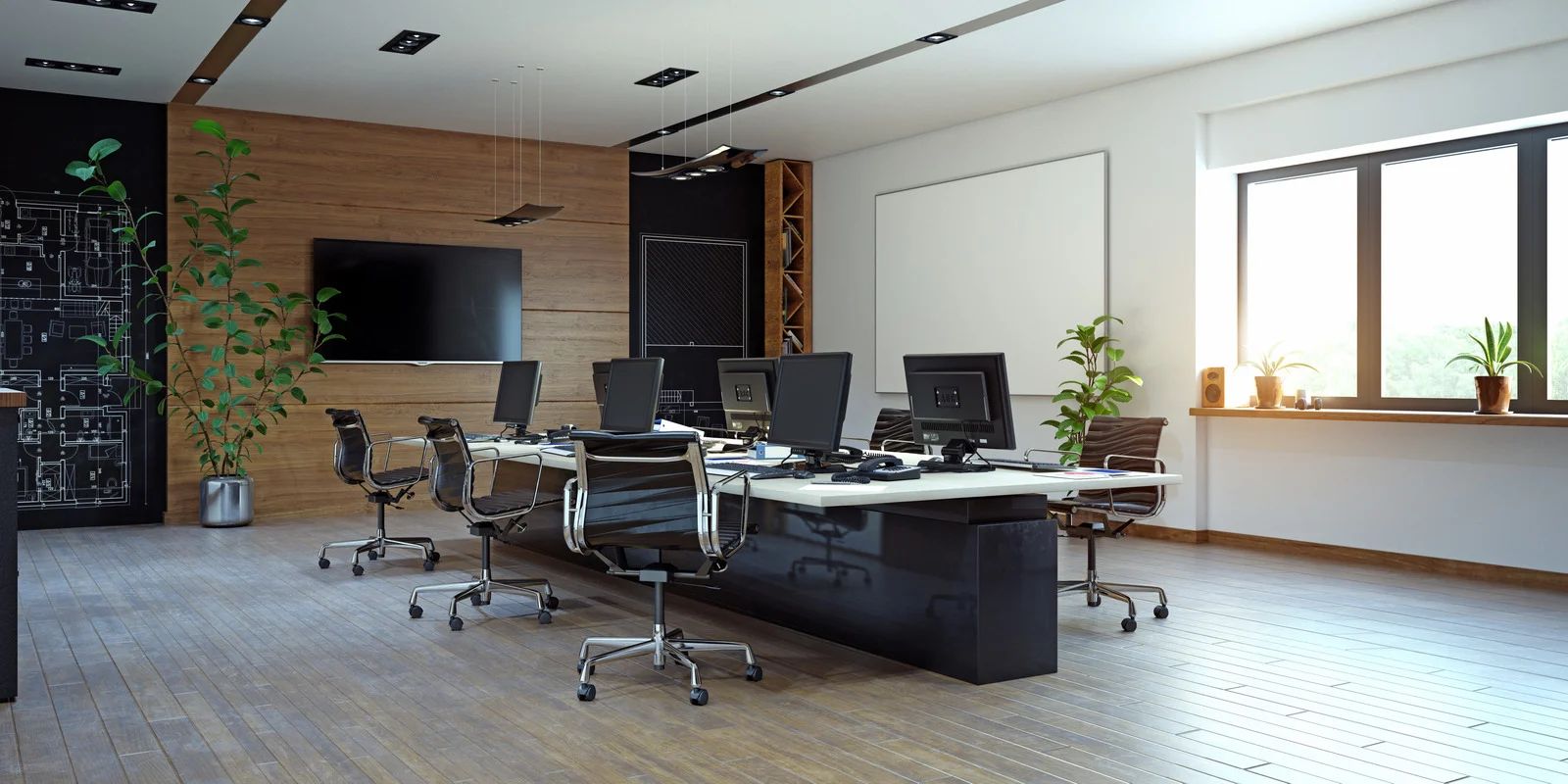 Modern office with workstations, a large screen, and a window. Sunlight streams in, illuminating the room.
