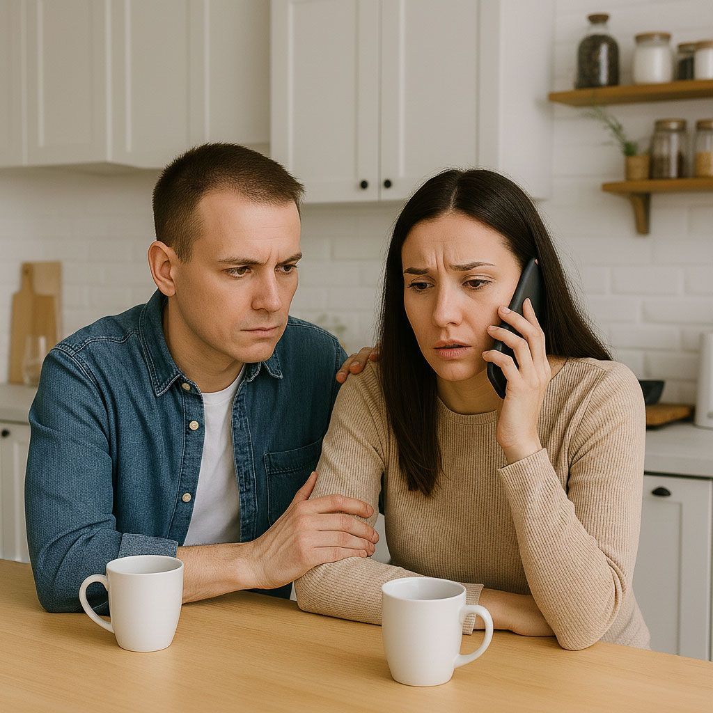 Man comforts woman on phone, both looking concerned in a kitchen.