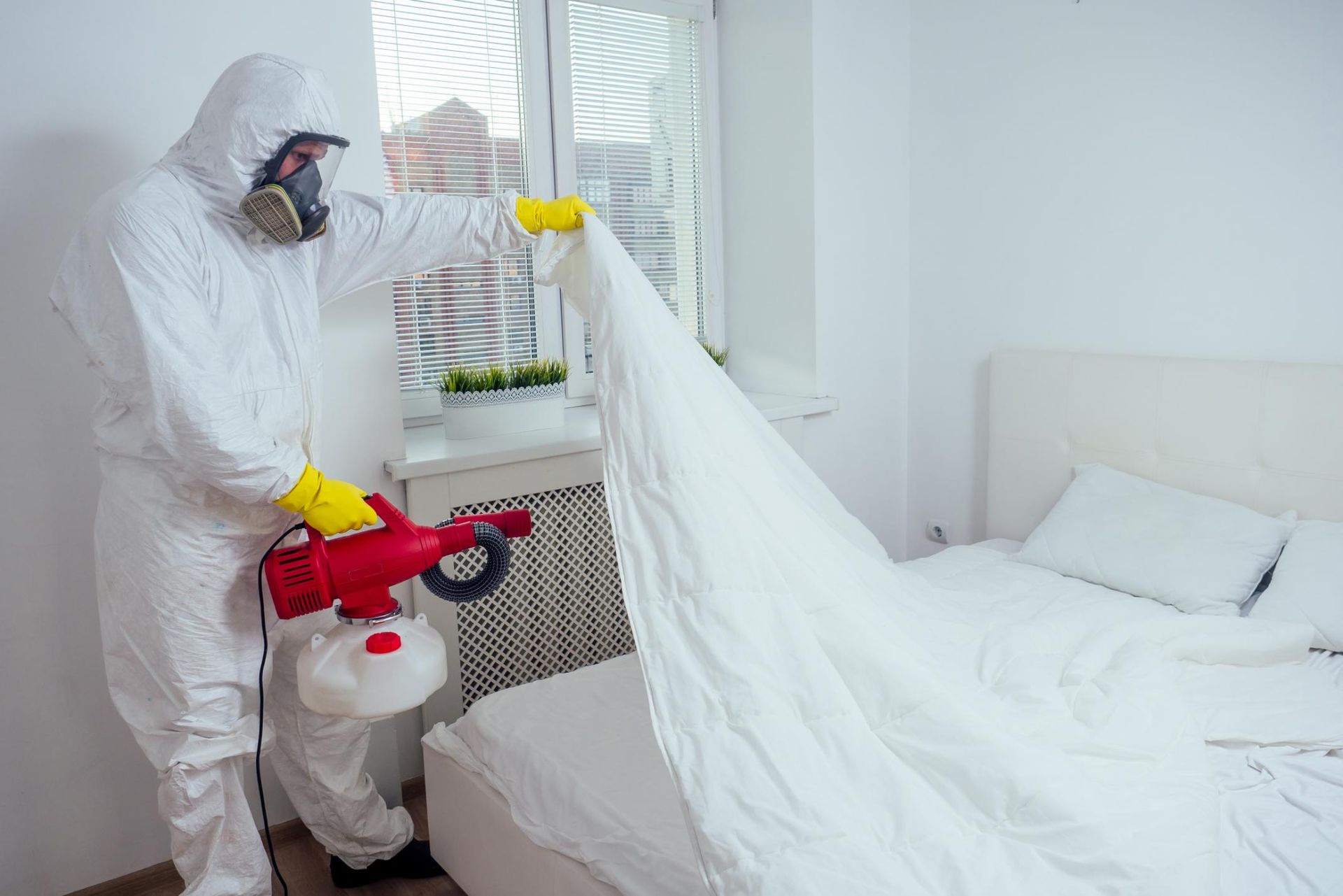 Person in protective suit spraying a bed in a bedroom.