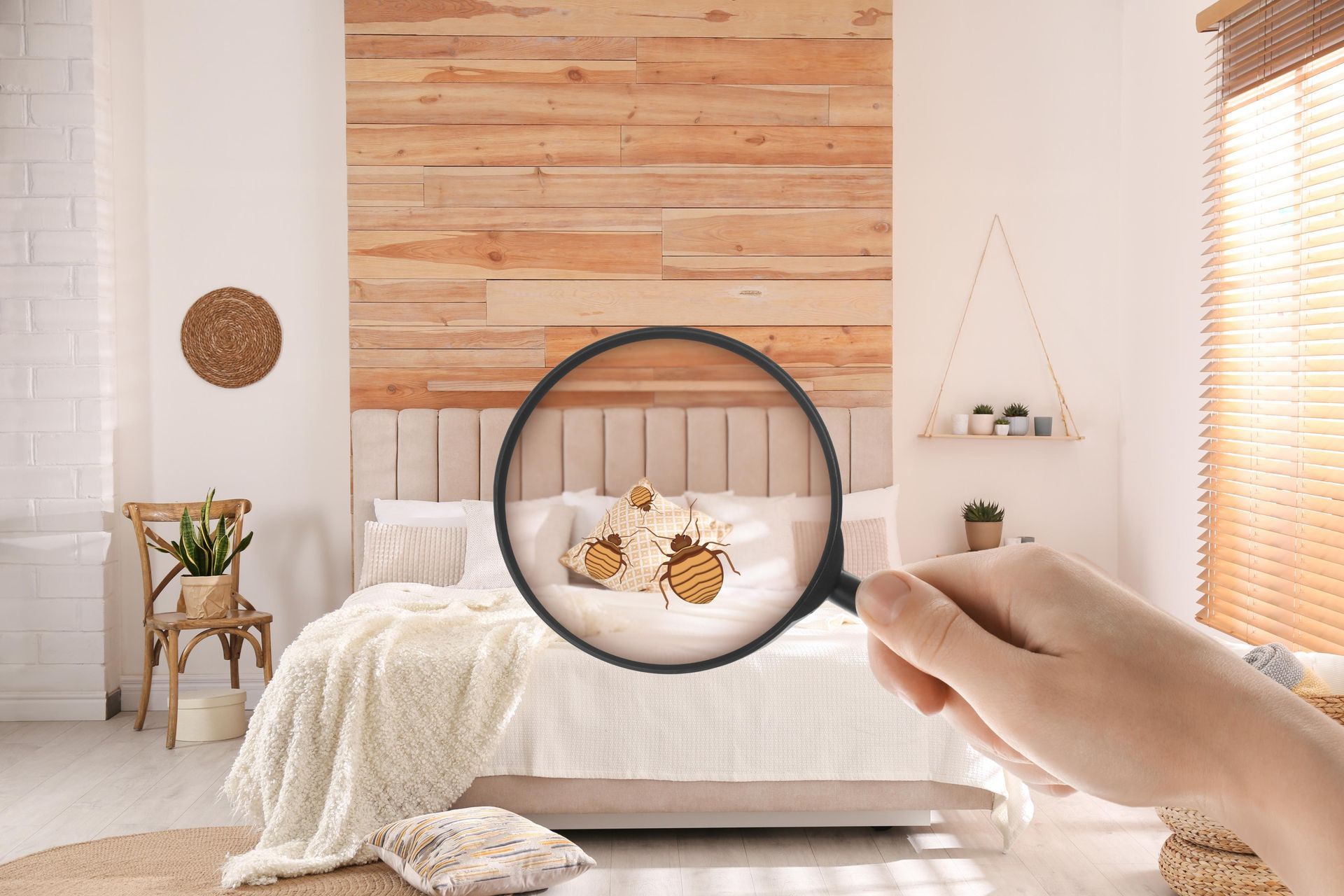 Hand holding magnifying glass over bed with bed bugs.