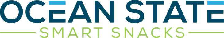 The logo for ocean state smart snacks is blue and green.