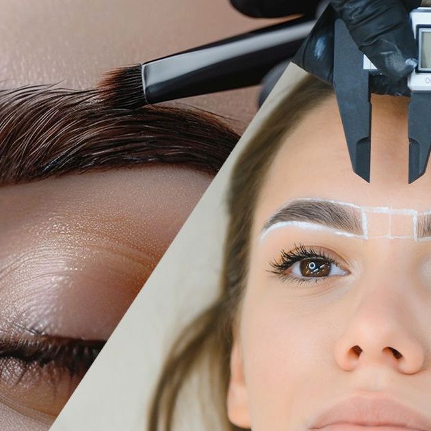 A woman getting her eyebrows measured with a caliper