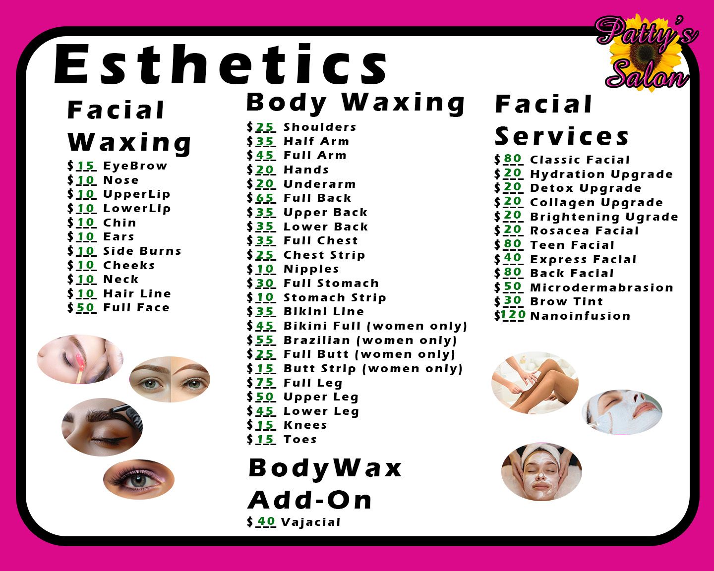 Price list for a salon detailing facial waxing, body waxing, facial services, and body wax add-ons.