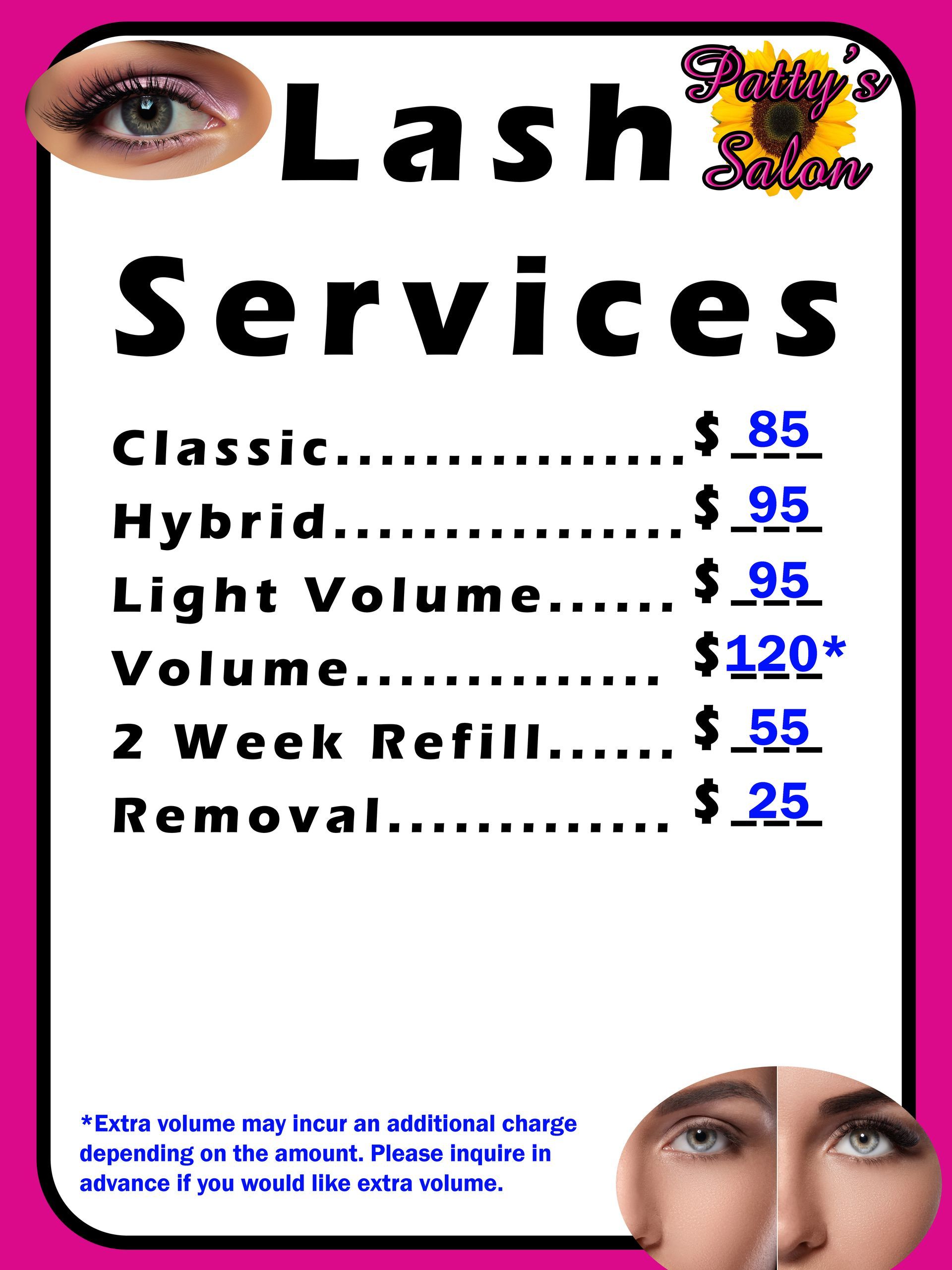 A sign that says lash services on it with pricing for lash services at Patty's Salon