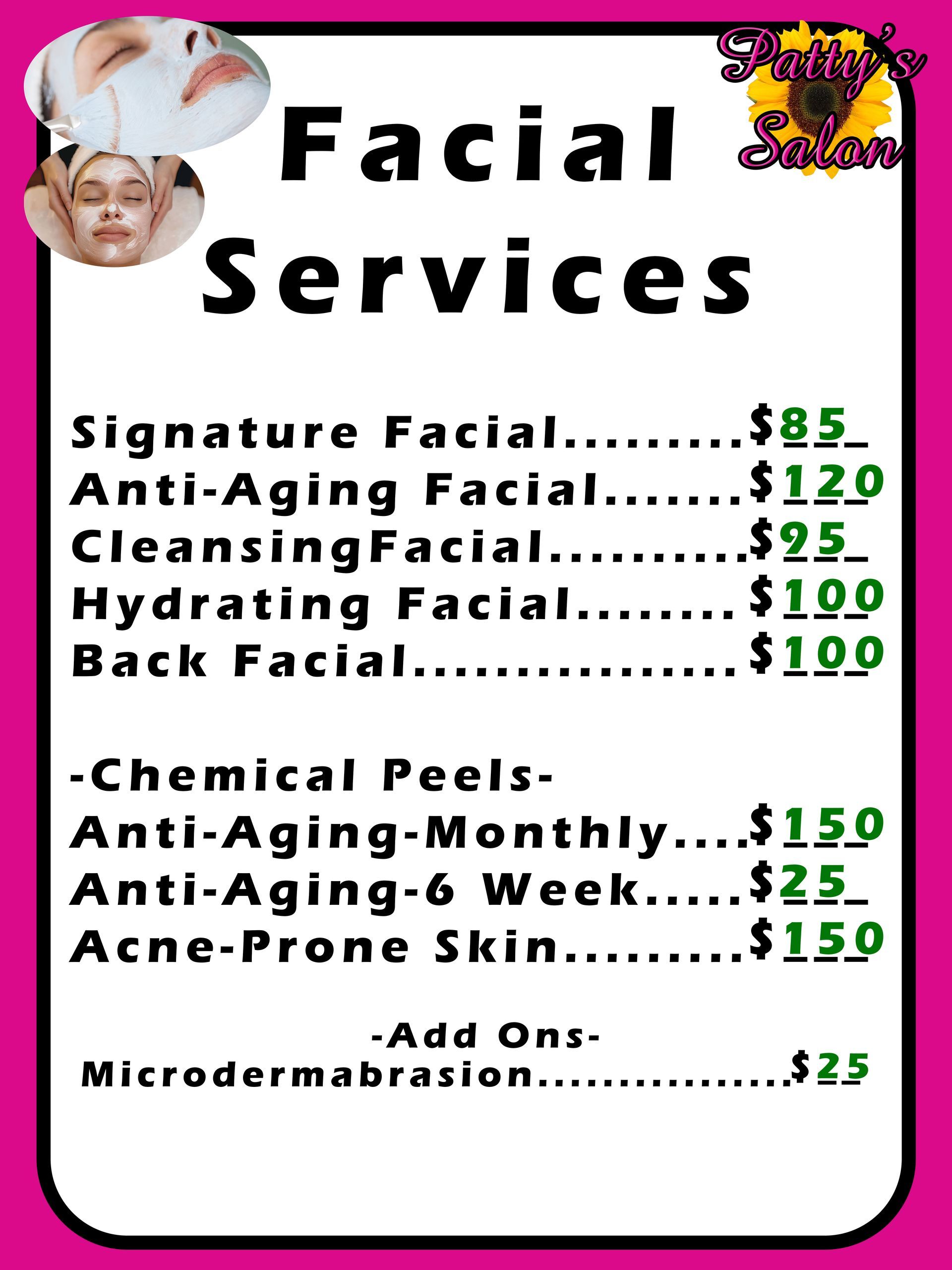 A sign that says wax services on it with pricing for wax services at Patty's Salon