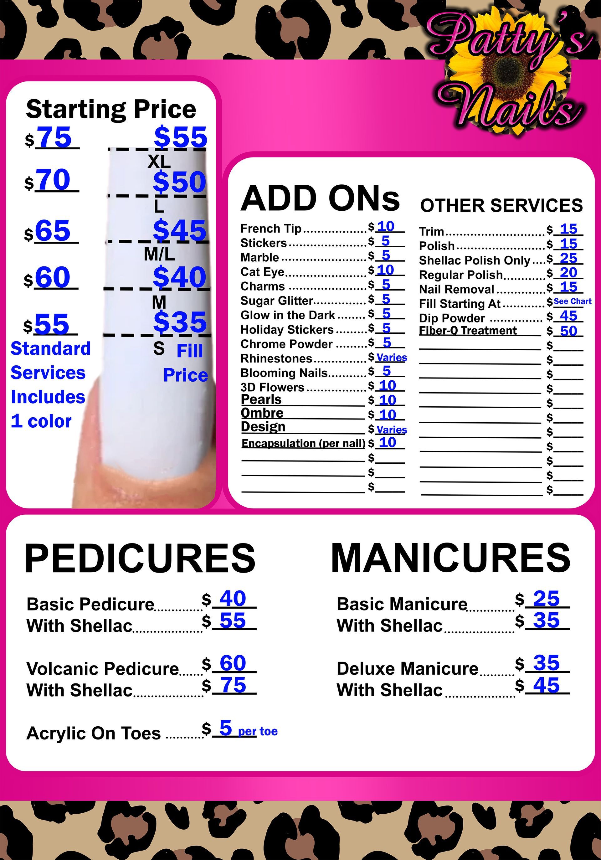 A pamphlet for pedicure and manicures on a leopard print background
