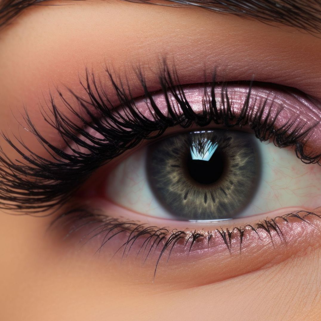 A close up of a woman 's eye with long eyelashes